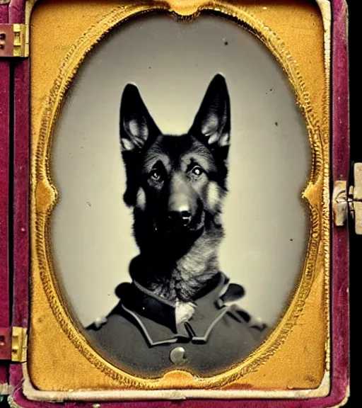 Image similar to professional studio photo portrait of anthro anthropomorphic german shepard head animal person fursona serious wearing elaborate military general uniform clothes degraded medium by Louis Daguerre daguerreotype tintype