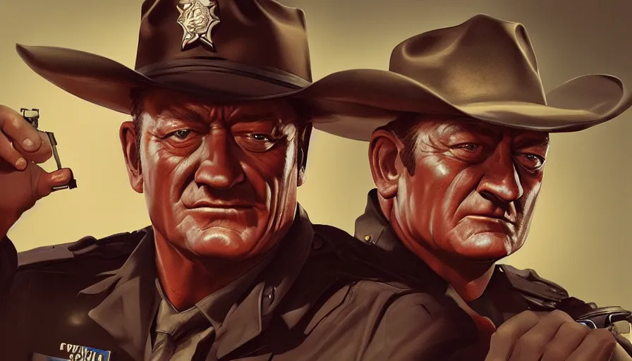 Prompt: John Wayne as a cop, hyperdetailed, artstation, cgsociety, 8k