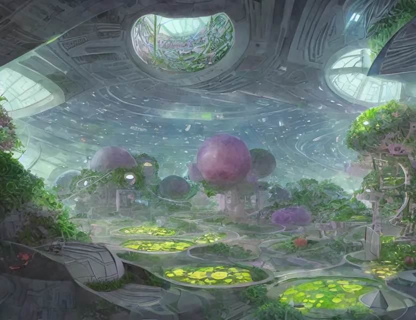 Prompt: geometric garden in a space fortress. this watercolor painting by the award - winning concept artist has cinematic lighting, an interesting color scheme and intricate details.