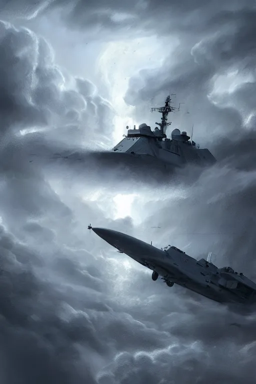 Image similar to aircraft destroyer In a a ocean storm, dramatic lighting, cinematic, establishing shot, extremly high detail, foto realistic, cinematic lighting, post processed, concept art, artstation, matte painting, style by eddie mendoza, raphael lacoste, alex ross