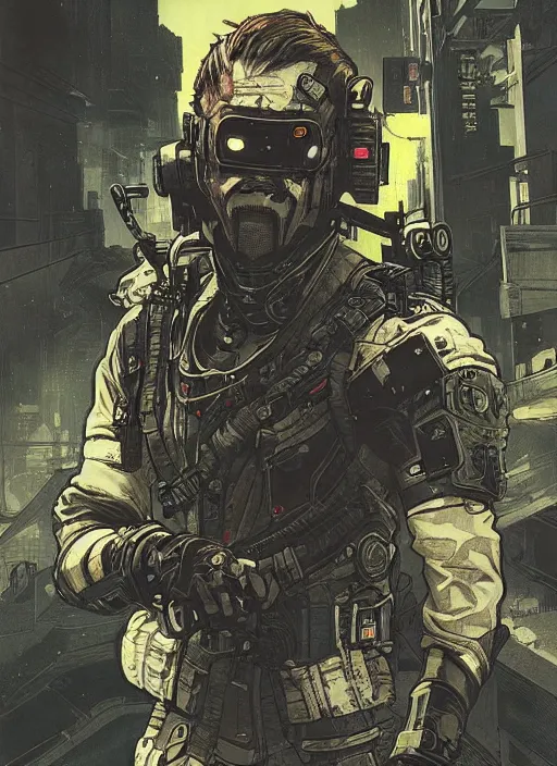 Image similar to cyberpunk blackops samurai. night vision. portrait by ashley wood and alphonse mucha and laurie greasley and josan gonzalez and james gurney. spliner cell, apex legends, rb 6 s, hl 2, d & d, cyberpunk 2 0 7 7. realistic face. dystopian setting.