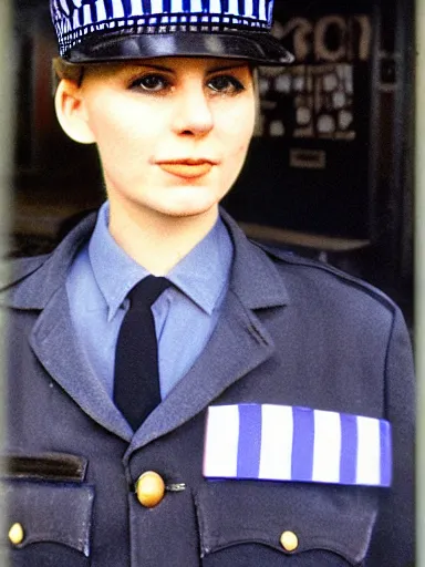 Prompt: a pretty young british police officer. 1 9 6 7. color portrait.