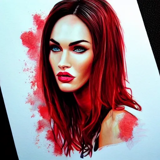 Image similar to “Beautiful Megan Fox Red pencil paintings, red white colors, ultra detailed portrait, 4k resolution”