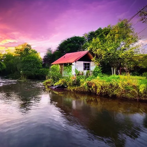 Image similar to beutiful river scenery, alongside small house,with beutiful sunset