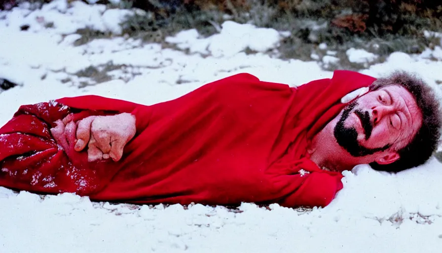 Image similar to 1 9 6 0 s movie still close up of marcus aurelius tired in a red royal toga frozen to death under the snow by the side of a river with gravel, pine forests, cinestill 8 0 0 t 3 5 mm, high quality, heavy grain, high detail, texture, dramatic light, anamorphic, hyperrealistic, detailed hair, foggy