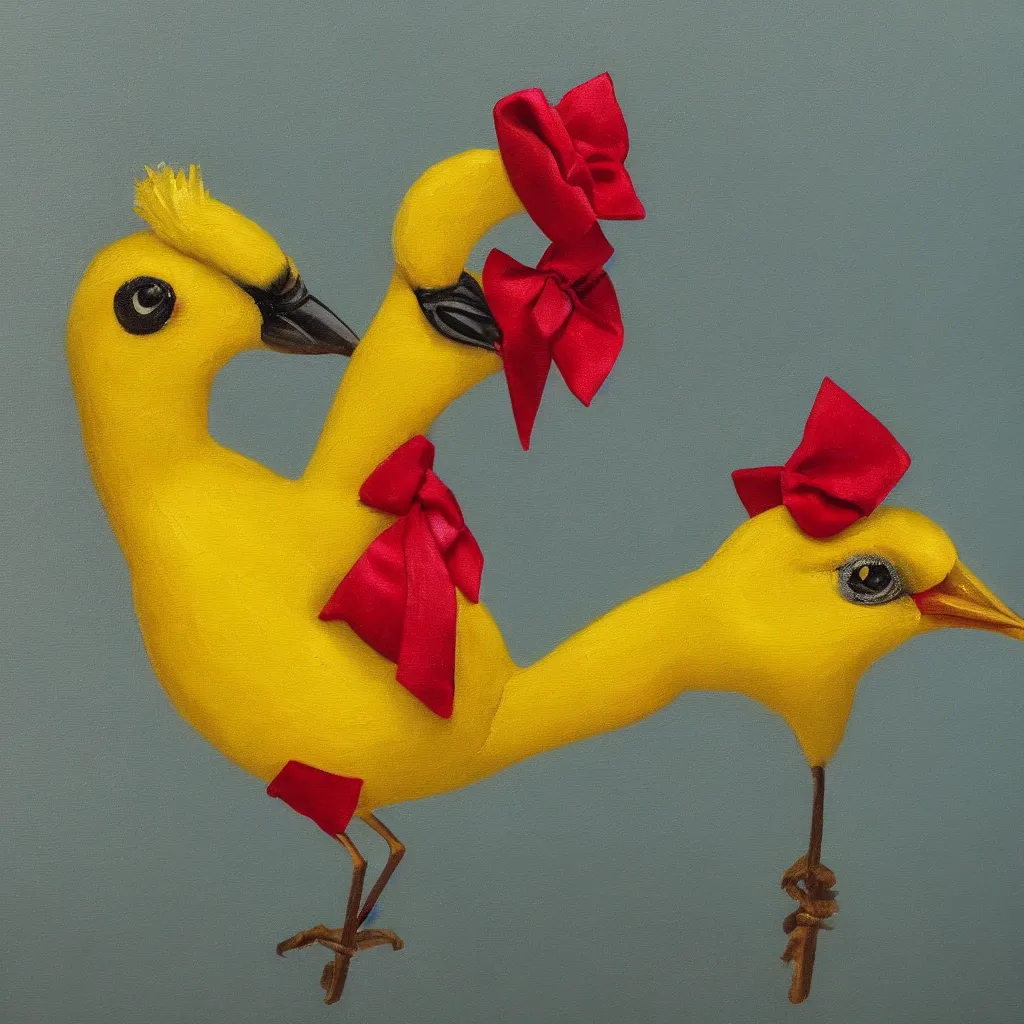 Prompt: A beautiful and elegant oil painting of a yellow bird wearing a crown and a red bow tie, 50mm lens, studio lighting, oil painting, matte, close up, 4k, by Sandro Boticceli