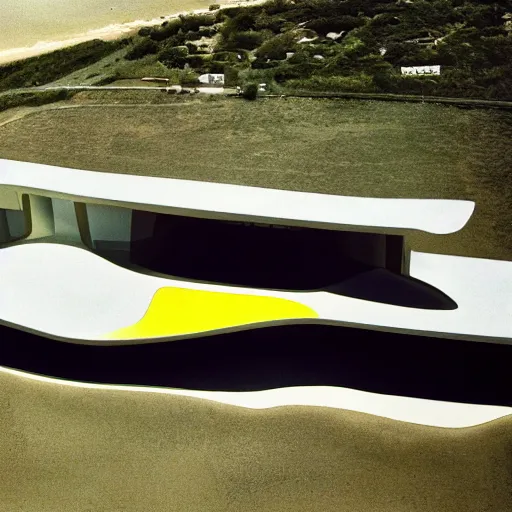 Prompt: architecture ad for a mid-century modern house on the beach, designed by Zaha Hadid. Shell. Aerial view. Film grain, cinematic, colorized, yellow hue