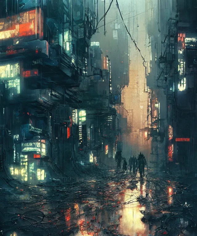 Prompt: a cyberpunk city street, splattered oil, electrical wiring and broken machines, cables veins tendons, degraded, film grain, light leaks, stains, by jeremy mann, beksinski and craig mullins and tsutomu nihei