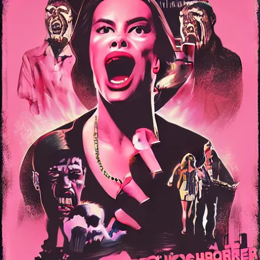 Prompt: a horror movie poster, staring Sofía Vergara screaming, neighborhood themed, synthwave, cyberwave, by Sam Werczler and Matthew Skiff