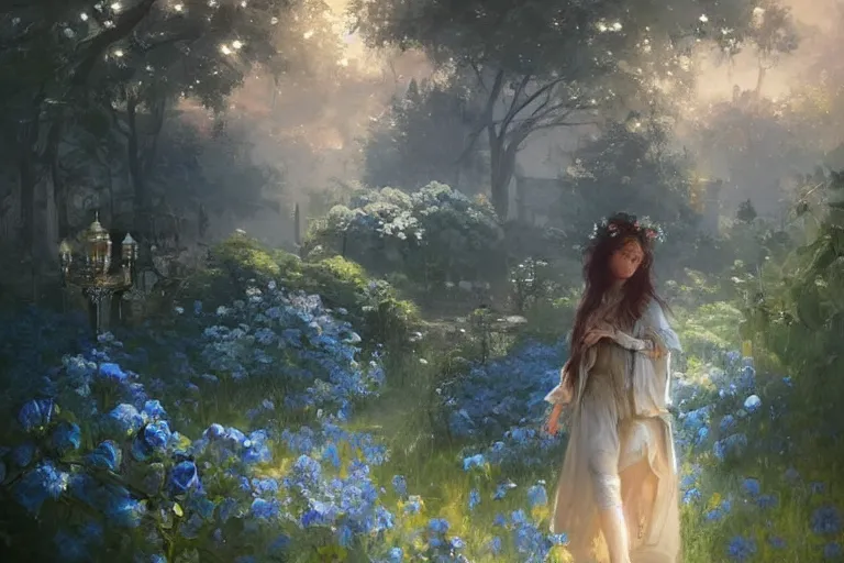 Image similar to a beautiful painting of blue roses garden, girl, by greg rutkowski, trending on artstation