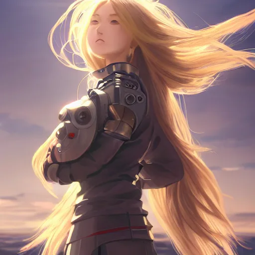 Image similar to girl with jet engine as legs, anime style, long hair, hair down, symmetrical facial features, from arknights, hyper realistic, 4 k, rule of thirds, extreme detail, detailed drawing, trending artstation, hd, cyborg, d & d, realistic lighting, by alphonse mucha, greg rutkowski, sharp focus, backlit, neck