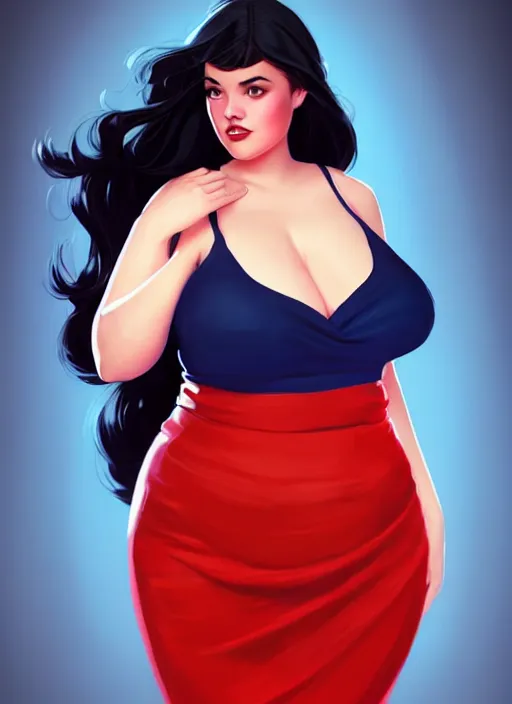 Image similar to full body portrait of teenage veronica lodge, obese, bangs, sultry, realistic, sultry smirk, wavy hair, red skirt, fat, belly, intricate, elegant, glowing lights, highly detailed, digital painting, artstation, concept art, smooth, sharp focus, illustration, art by wlop, mars ravelo and greg rutkowski