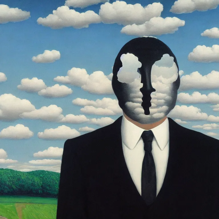 Image similar to portrait of a faceless reflective chrome - head man in a suit and black gloves, clouds and nature landscape in the background, by rene magritte, detailed painting, distance, centered, hd, hq, high resolution, high detail, 4 k, 8 k