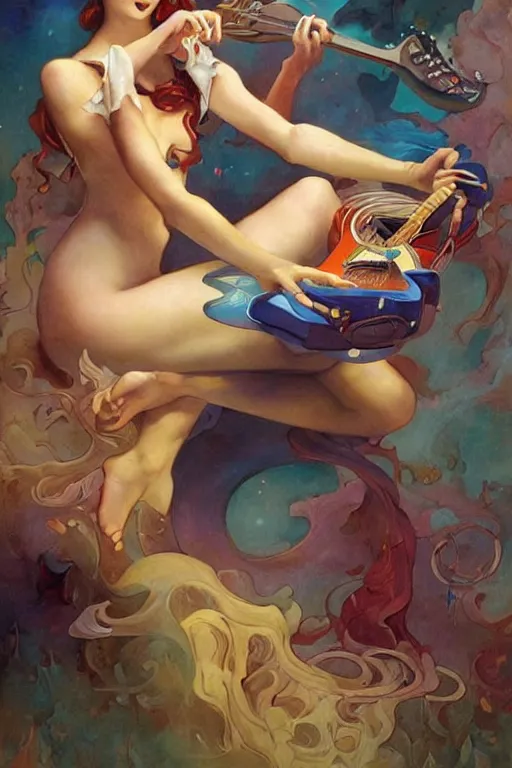 Image similar to sailor moon playing guitar by peter mohrbacher in the style of gaston bussiere, art nouveau