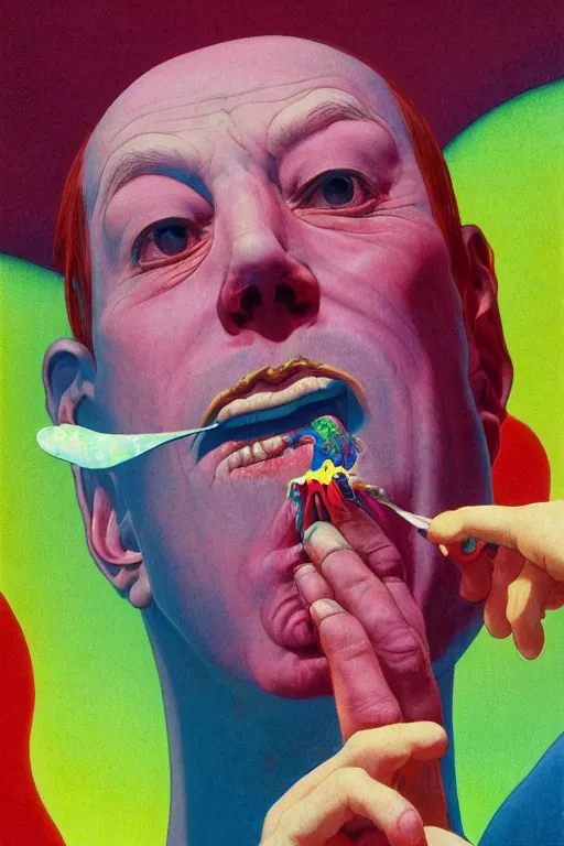 Prompt: a colorfukl vibrant closeup portrait of a simple man licking a tab of LSD acid on his tongue and dreaming psychedelic hallucinations, by kawase hasui, moebius, Edward Hopper and James Gilleard, Zdzislaw Beksinski, Steven Outram colorful flat surreal design, pink floyd, hd, 8k, artstation
