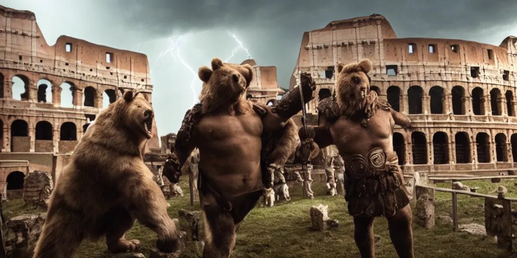 Image similar to Bill Gates dressed as a roman gladiator in front of an angry bear in the Colosseum. Film scene. Dramatic lightning. 4k.