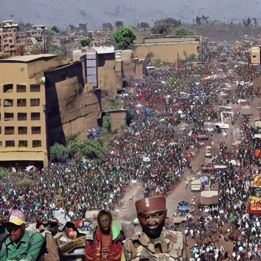 Prompt: large-format photo of TPLF and EPRDF taking over Addis Ababa while crowds cheer, featured on artstation