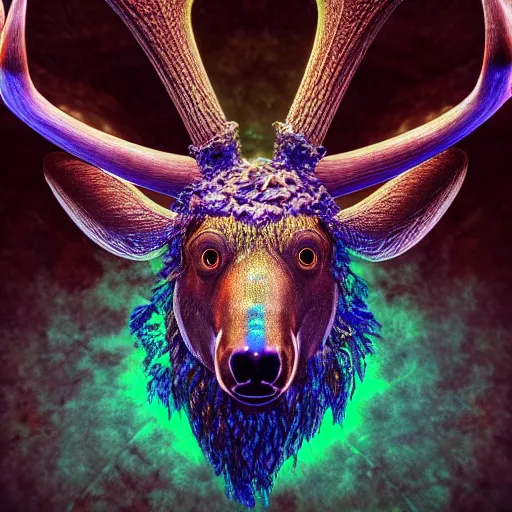 Image similar to photorealistic celtic antlered bear. hyperdetailed photorealism, 1 0 8 megapixels, amazing depth, glowing rich colors, powerful imagery, psychedelic overtones, 3 d finalrender, 3 d shading, cinematic lighting, artstation concept art