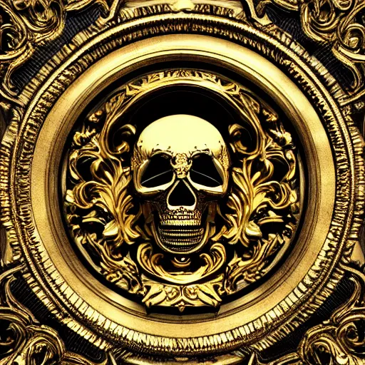 Image similar to 3d golden and black skull engraved with baroque ornaments. trending on artstation. octane render. dark art. gothic art. symmetrical artwork