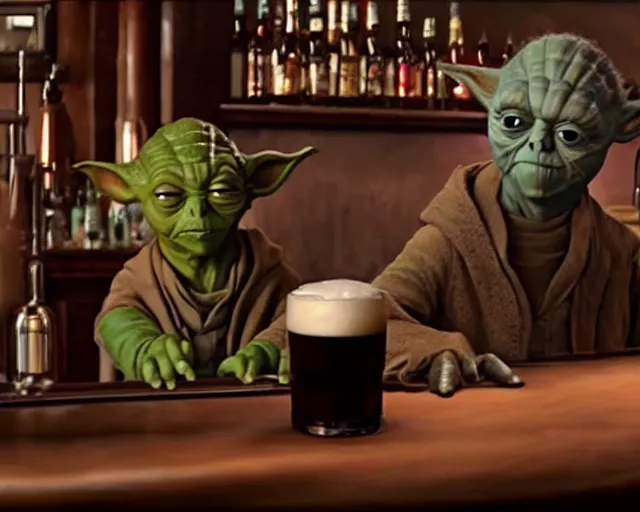 Image similar to film still of yoda drinking beer in a crowded bar in the new star wars movie 4 k