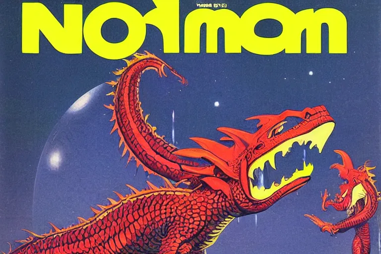Image similar to 1979 OMNI Magazine Cover of a dragon smiling at the camera in neo-tokyo style by Vincent Di Fate