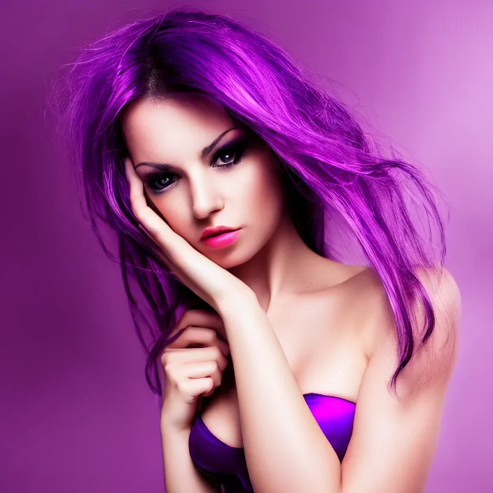 Image similar to photo of a beautiful woman with purple sin, 4 k, hdr, smooth, sharp focus, high resolution, award - winning photo