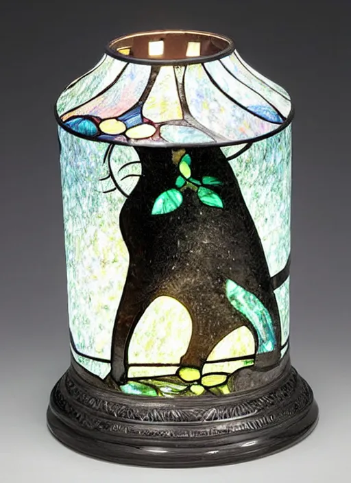 Image similar to a lamp in the shape of a cat with black accents designed by louis comfort tiffany