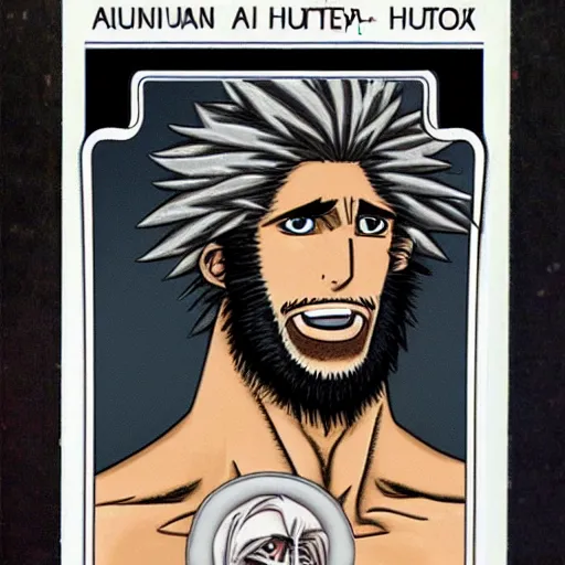 Image similar to official hunter x hunter card with picture of a thin white skinned armenian with a big jaw and a hairy chest