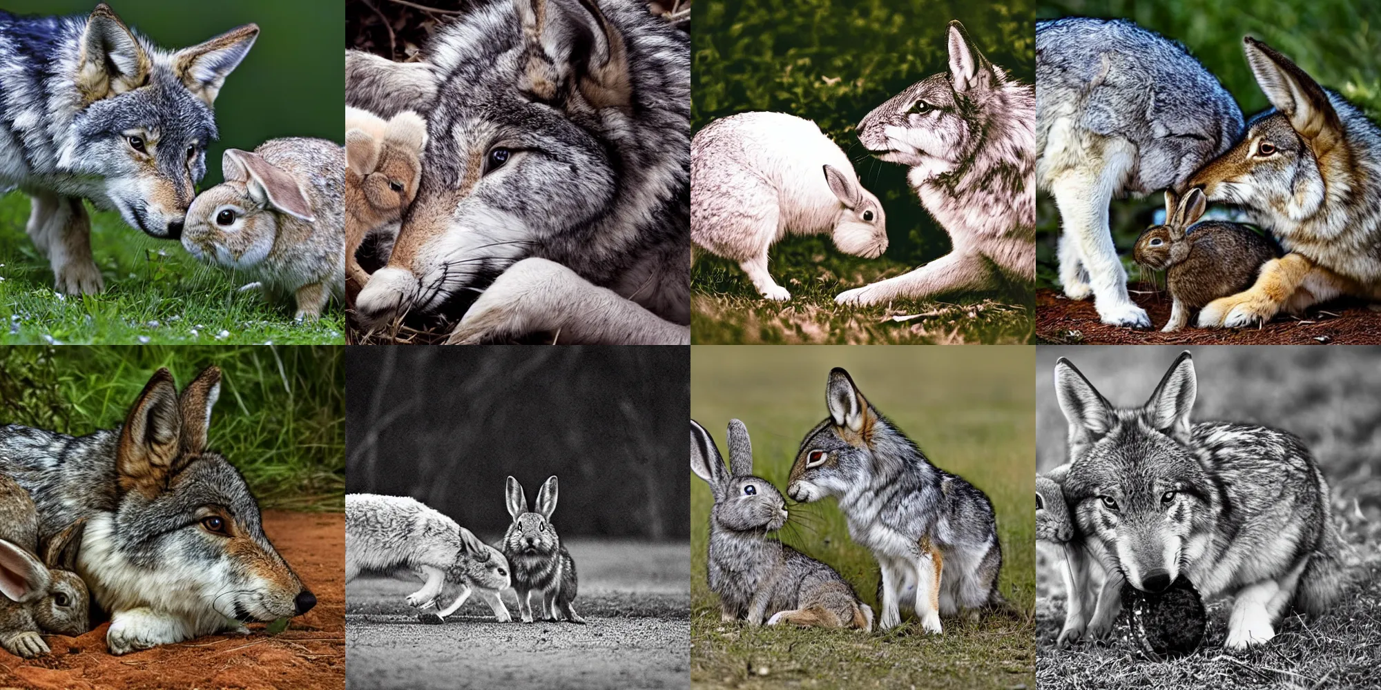 Prompt: An award winning photograph of a wolf nuzzling a rabbit