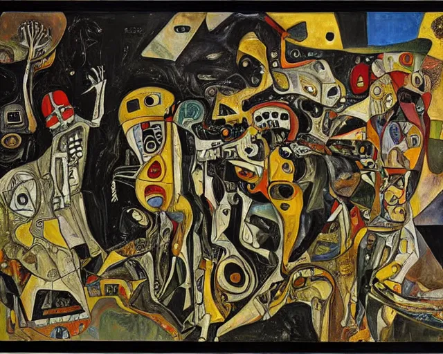 Image similar to a painting of guernica with aliens and robots by graham sutherland, egon schiele, gustav klimt, expressionism