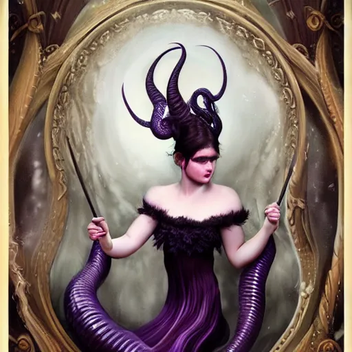 Image similar to by tom bagshaw, photorealistic body shot of an absurdities carnival, curvy full gothic long dress, tentacles, ultra deep fog, purple black lustrous thin haircut, symmetry accurate features, focus, very intricate ultrafine details, award winning masterpiece