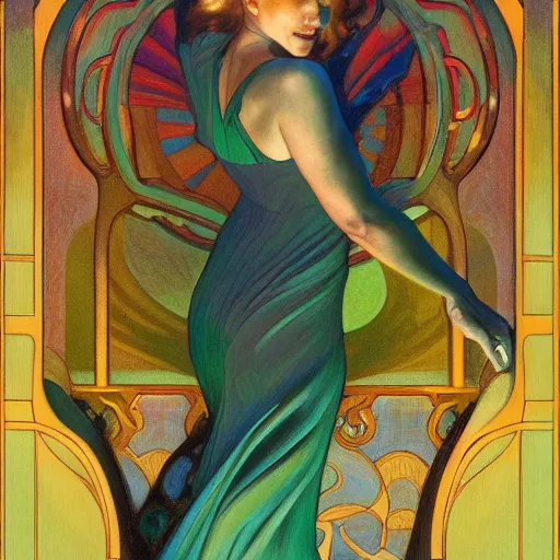 Prompt: a streamline moderne painting in the style of donato giancola, and in the style of maxfield parrish, and in the style of alphonse mucha. symmetry, smooth, sharp focus, semi - realism, intricate detail.