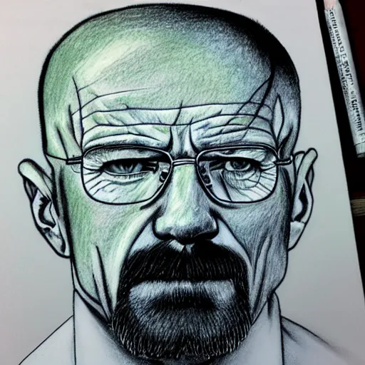 Image similar to walter white covered in acid smoke, colored pencil drawing