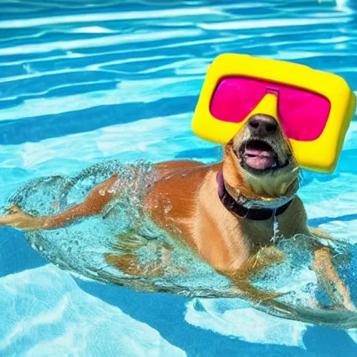 Prompt: dog wearing sunglasses relaxing in a pool floater