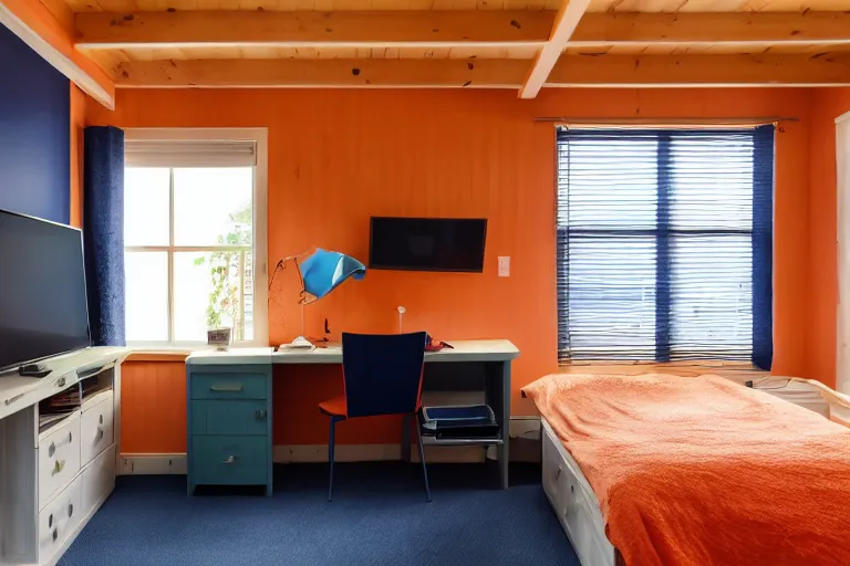 Image similar to a 10 by 11 foot room with a bed, desk, two wooden wardrobes, a little side table in a light wood veneer, a window, desk fan, table light, and an old TV, navy blue low pile carpet, and a ceiling fan gives off a dim orange light