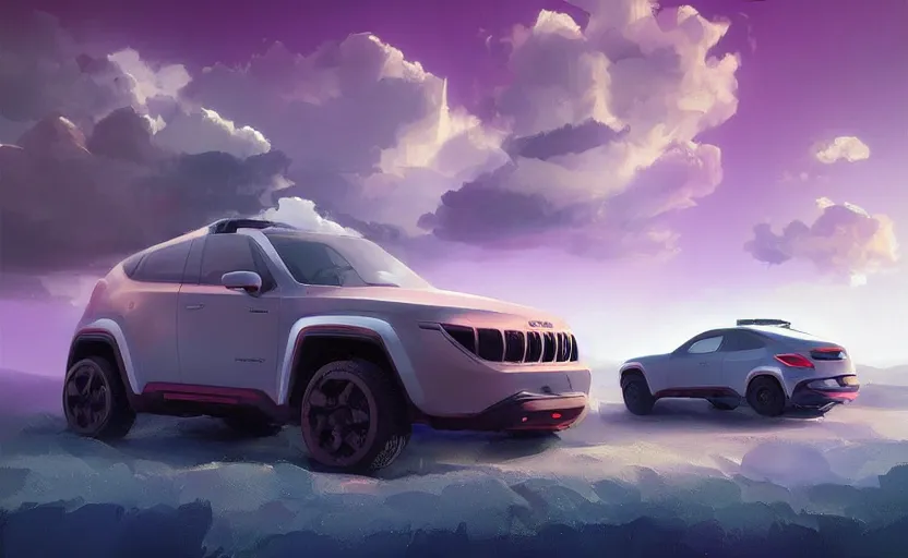 Prompt: a random crossover design sport car in a utopia world. art by filip hodas. clouds by rhads. car by jeep.