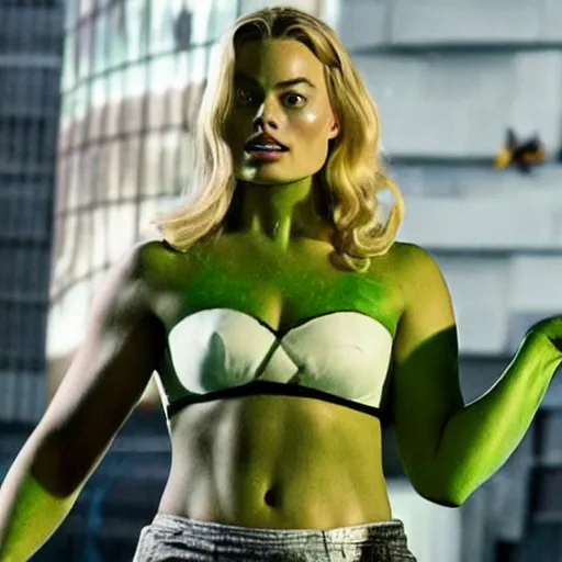 Image similar to margot robbie as hulk