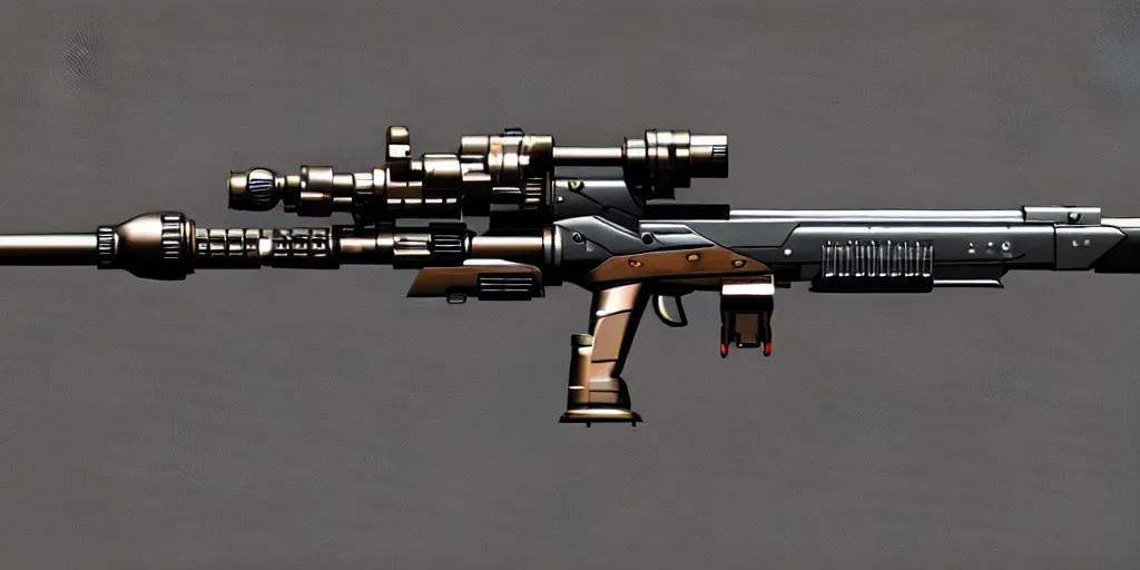 Prompt: extremely detailed ultra realistic side view photo vintage sci fi minimalist laser sniper rifle, detailed trigger, chemically propelled, electric, steel, wood accents, smooth streamline, elegant sleek smooth body, wires, railgun, chemrail, gauss, smooth utopian design, ultra high quality, octane, cod, destiny, warframe, terminator