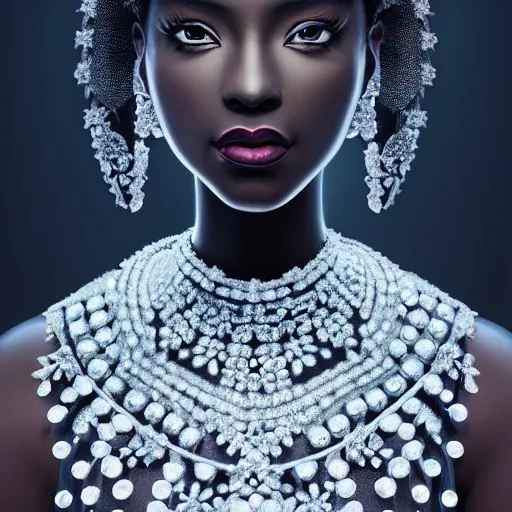 Image similar to portrait of wonderful princess of white diamonds with dark skin, white flowers, ornate with white diamonds, 8 k, gorgeous, intricate, detailed, glowing white accent lighting, dramatic lighting, octane render