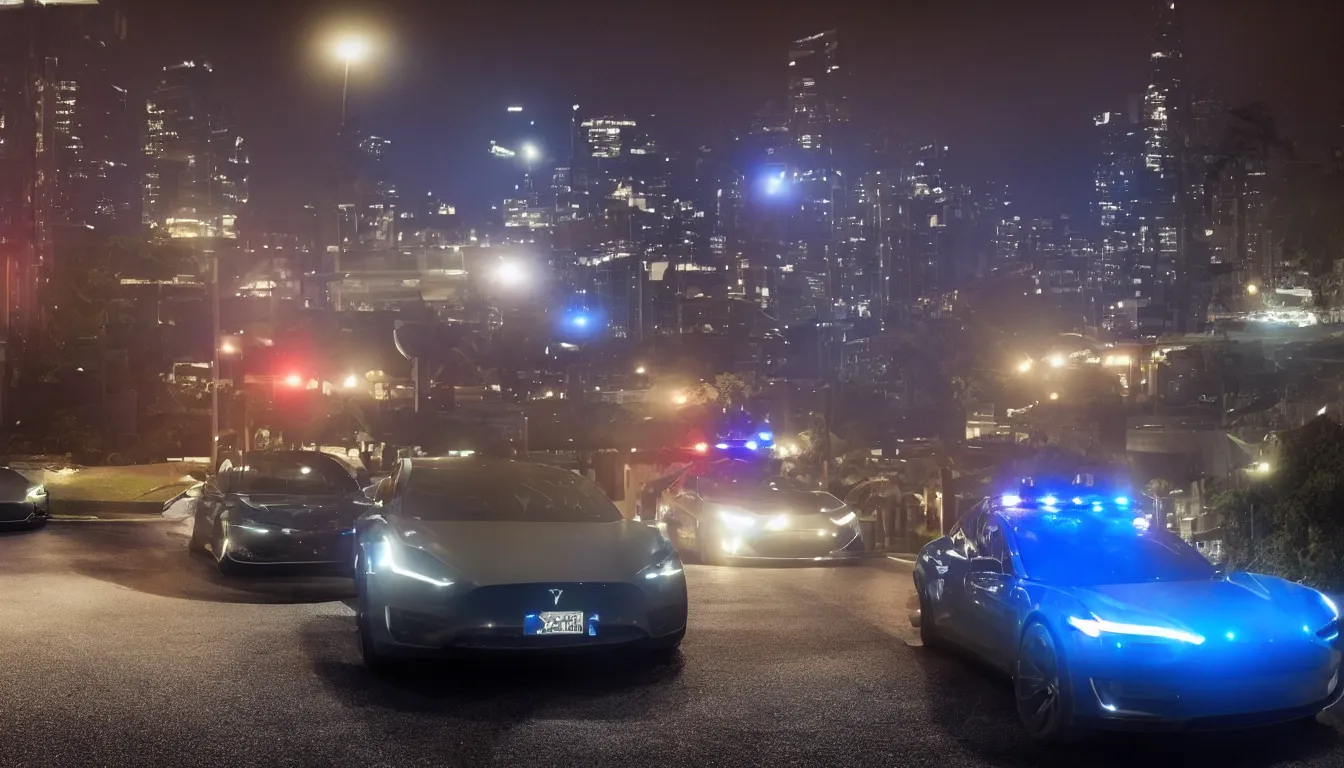 Prompt: Police Teslas chasing a suspect at night with lights on, cinematic