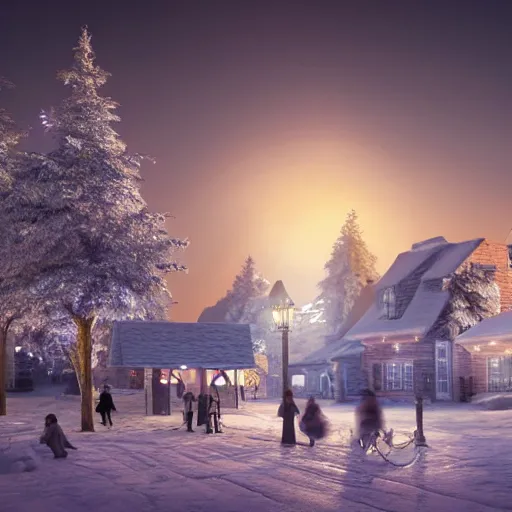 Prompt: a very realistic digital art rendering and concept design of a snowy village at dusk, with magnificent volumetric lighting, three dimensions, a digitally transformed environment, ui design, 3d modeling, illustration, and transport design