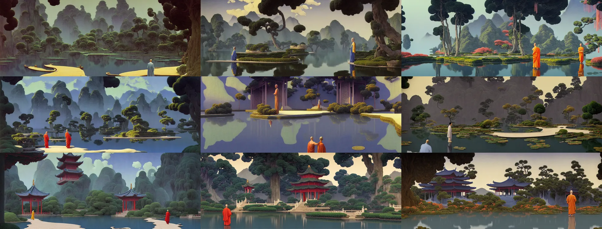 Prompt: a gorgeous landscape painting by barlowe wayne maxfield parrish and marco mazzoni. chinese temple. just one lonely chinese monk in grey blue long gown walks on the winding steps. lotus lake. ultra clear detailed. 3 d, octane render. turbulent blood lake.