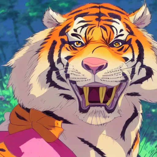 Prompt: a tiger wearing a pink dress, illustration concept art anime key visual trending pixiv fanbox by wlop and greg rutkowski and makoto shinkai and studio ghibli and kyoto animation symmetrical facial features