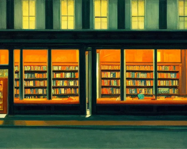 Prompt: a gloomy bookstore at night in the style of Edward Hopper