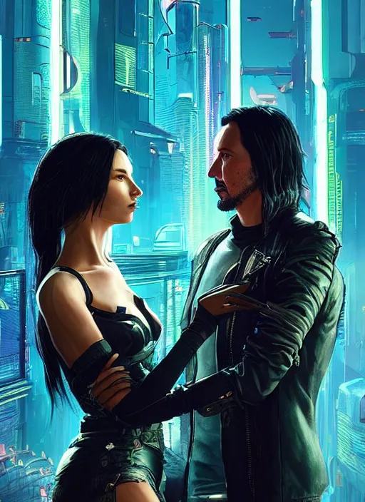 Image similar to a cyberpunk 2077 couple portrait of a Keanu Reeves as johnny silverhand and a female android in final kiss,love,fantasy, intricate, elegant,film lighting,art by John Collier and Albert Aublet and Krenz Cushart and Artem Demura,artstation,deviantart,FAN ART,full of color,Digital painting,face enhance,highly detailed,8K,octane,golden ratio,cinematic lighting