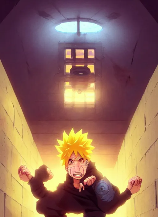 Image similar to highly detailed prison cell with naruto uzumaki with black hair, punching a wall, art by greg rutkowski, loish, rhads, ferdinand knab, makoto shinkai and lois van baarle, ilya kuvshinov, rossdraws, tom bagshaw, global illumination, radiant light, detailed and intricate environment