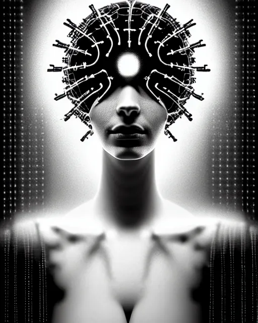 Prompt: black and white cyborg-plant goddess high quality photo, microchip, artificial intelligence, bio-mechanical bio-luminescence, black ivy, flies, neurons, nerve cells, octane render, cinematic, rim light, hyper realism, photo-realistic, high detail, 8k, in the style of Steven Meisel and Dora Maar and H.G. Giger