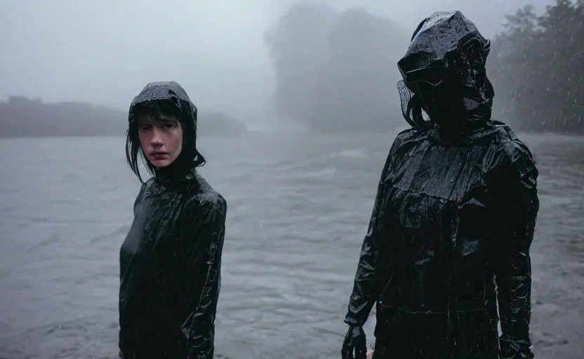 Image similar to cinestill 5 0 d candid photographic portrait by helen levitt of two loving female androids wearing rugged black mesh techwear in treacherous waters, extreme closeup, modern cyberpunk moody depressing cinematic, pouring rain, 8 k, hd, high resolution, 3 5 mm, f / 3 2, ultra realistic faces, ex machina