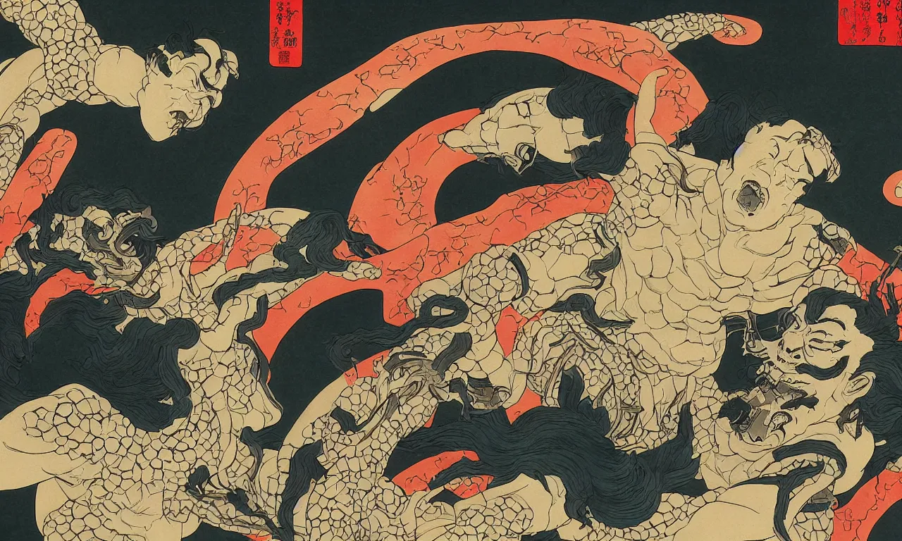 Prompt: the dream of artificial intelligence generates monsters, very detailed artstation painting by Ukiyo-e