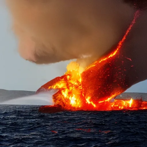 Prompt: a photo of a burning tugboat being attacked by demons while a volcano erupts